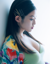 未織花穿著『（帶有花卉圖案）女襯衫・黃綠色胸罩』，從側面拍攝，她是日籍美麗可愛『女演員・寫真偶像・電視藝人』，她的胸圍是86cm，她具有『漂亮乳房』。
