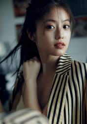 未織花穿著黑金豎條紋衣服，她是日籍美麗可愛『女演員・寫真偶像・電視藝人』，她的胸圍是86cm，她具有『漂亮乳房』。