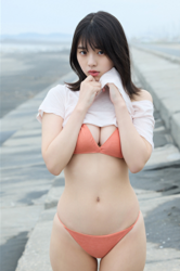 菊沖姬羅小姐是『日本・亞洲』的『凹版偶像・寫真偶像・泳裝偶像｜比基尼泳裝模特兒・海報模特兒｜女演員』，她在海灘上穿著橙色比基尼泳裝。